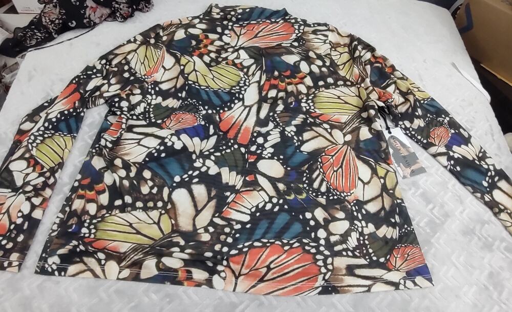 Ashley Graham Womens Size 4X Butterfly Print Sheer Stretchy Top Retail $60